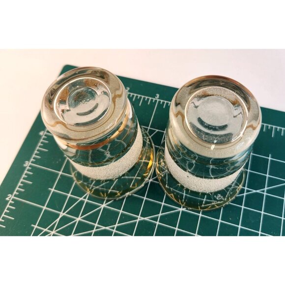 Mid-Century Modern Set Of 2 Frosted Glasses With Gold Stripes 3.25" Tall x 2.25" - Picture 6 of 8